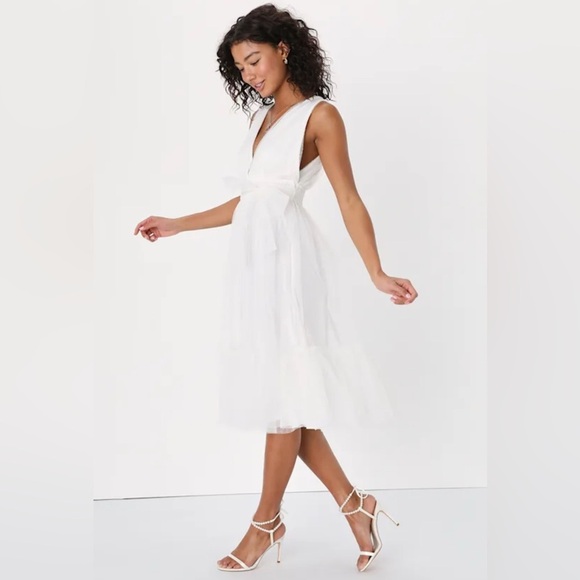 Lulus Medium Utmost Elegance White Swiss Dot Sleeveless Tiered Midi Dress - Picture 1 of 10